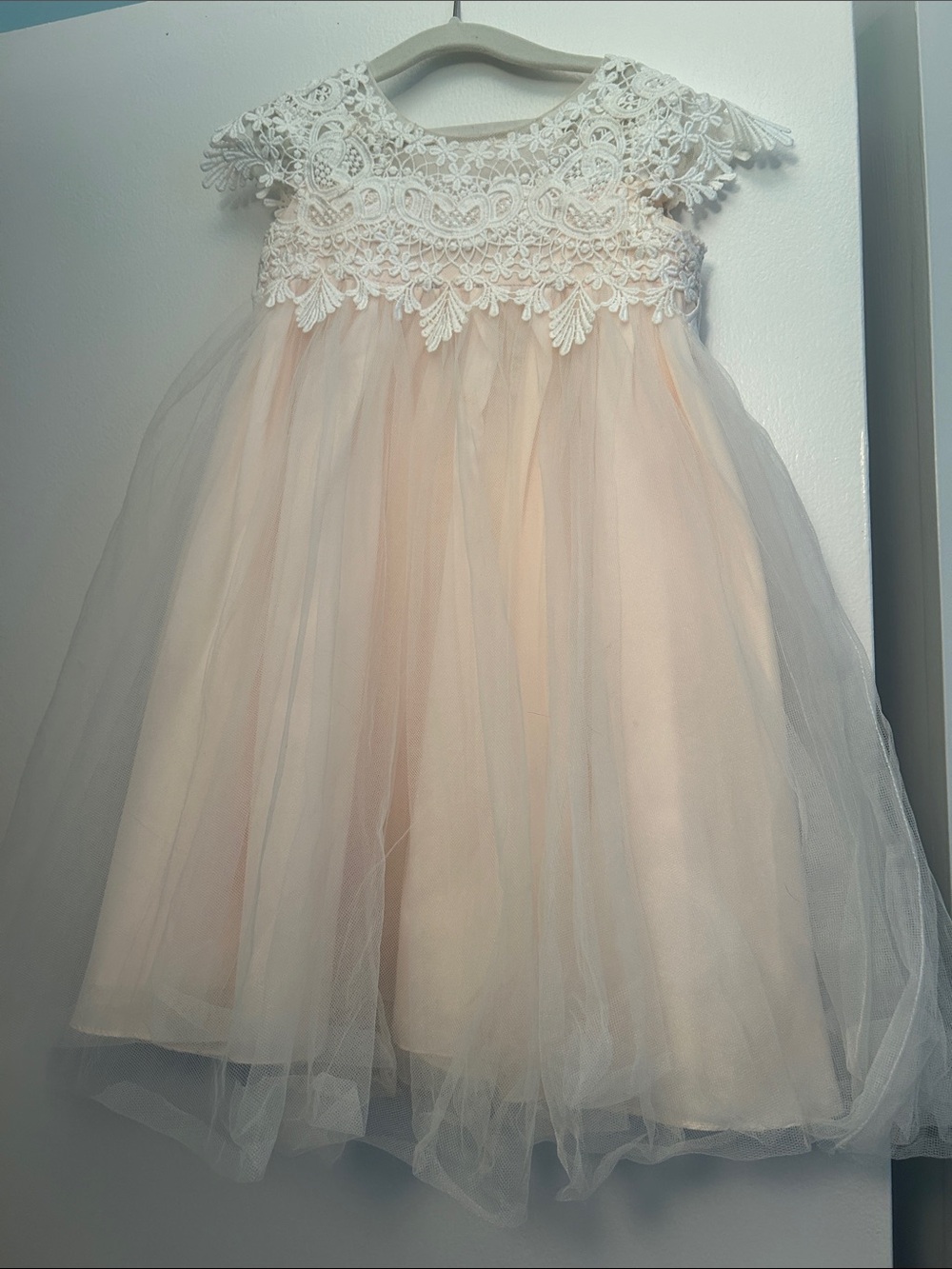 David's Bridal Girls' Lace Bodice Tulle Dress - Blush and White